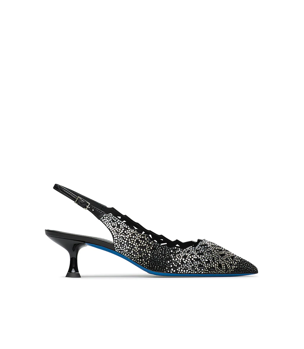 Slingback in camoscio nero laser-cut con cristalli decorativi - immagine 2