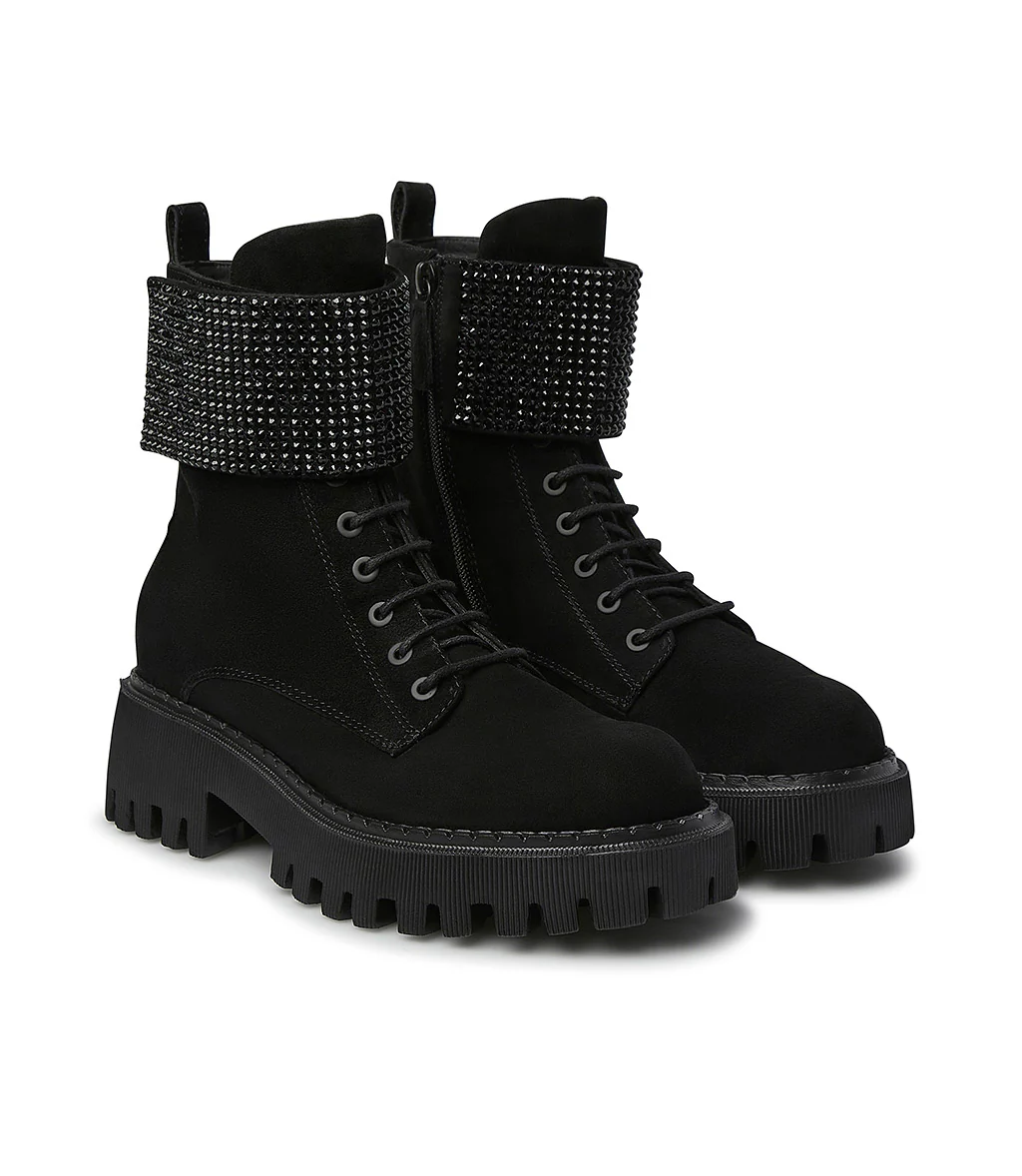 Stivaletti stringati in camoscio nero con strass - immagine 3