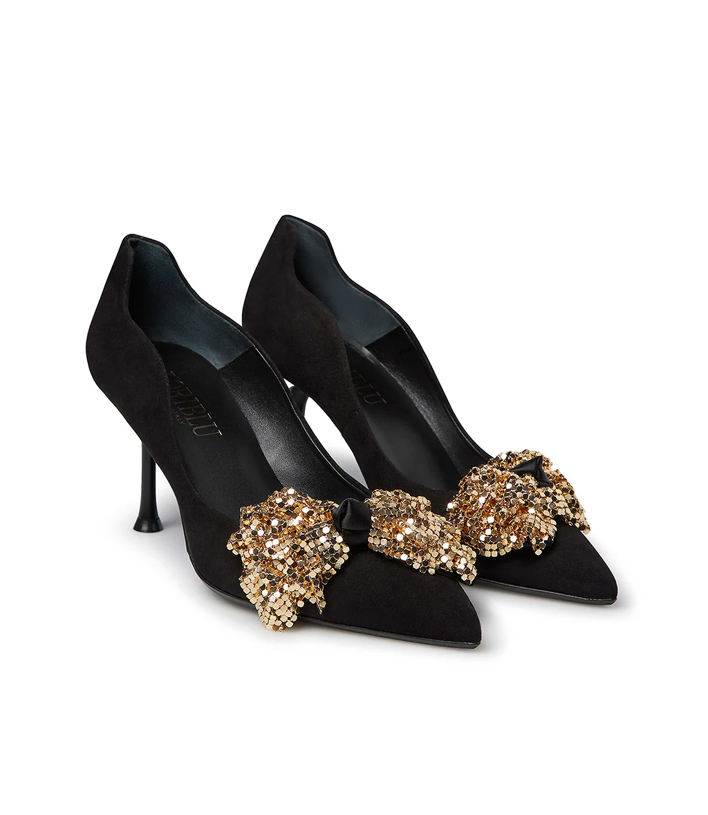 Décolleté onda in camoscio nero con fiocco full metal oro - immagine 3