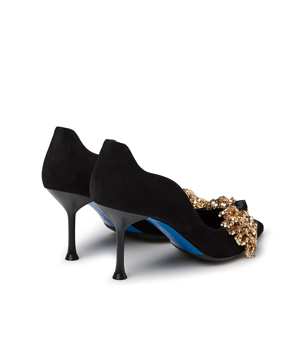 Décolleté onda in camoscio nero con fiocco full metal oro - immagine 4