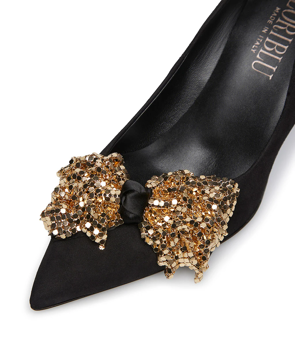 Décolleté onda in camoscio nero con fiocco full metal oro - immagine 5