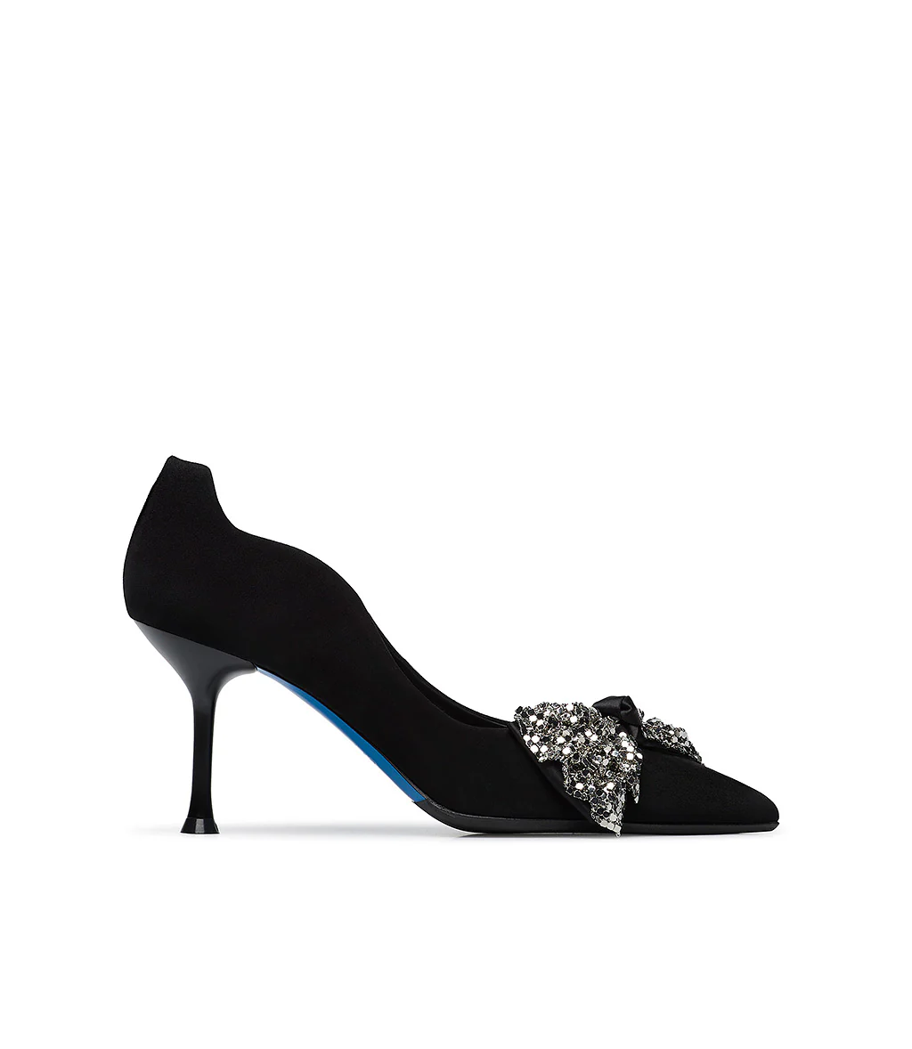 Décolleté onda camoscio nero con fiocco full metal argento - immagine 2