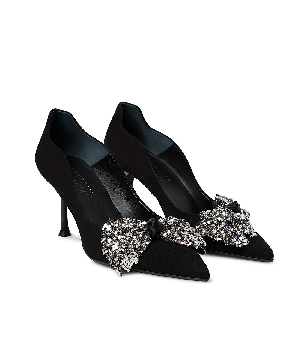 Décolleté onda camoscio nero con fiocco full metal argento - immagine 3