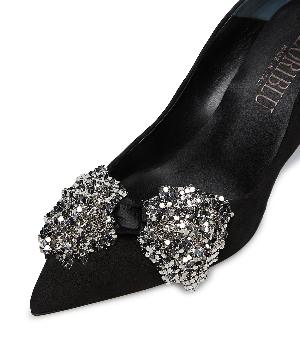 Décolleté onda camoscio nero con fiocco full metal argento - immagine 5