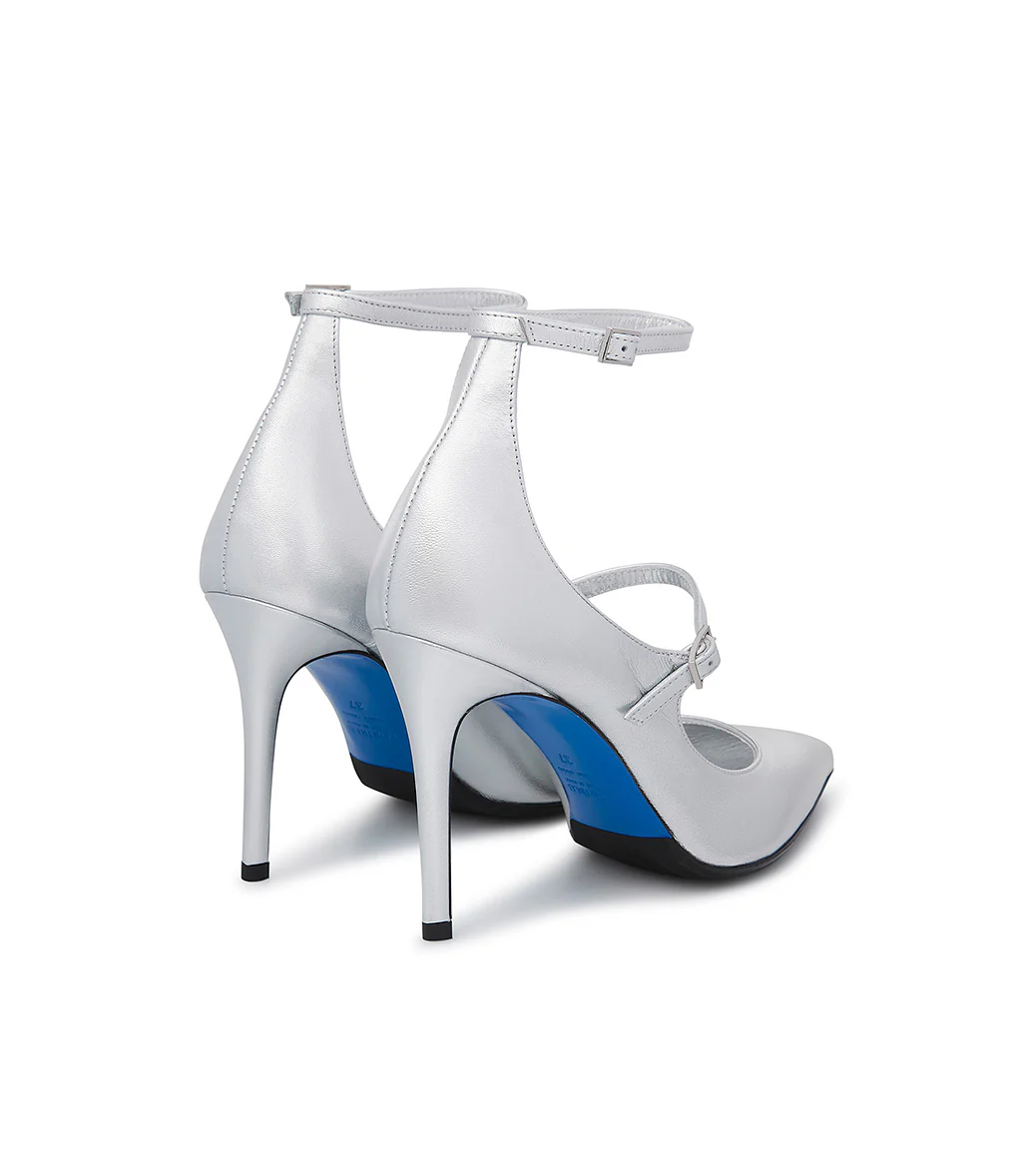 Decollete in pelle nappa laminata argento con cinturini - immagine 4