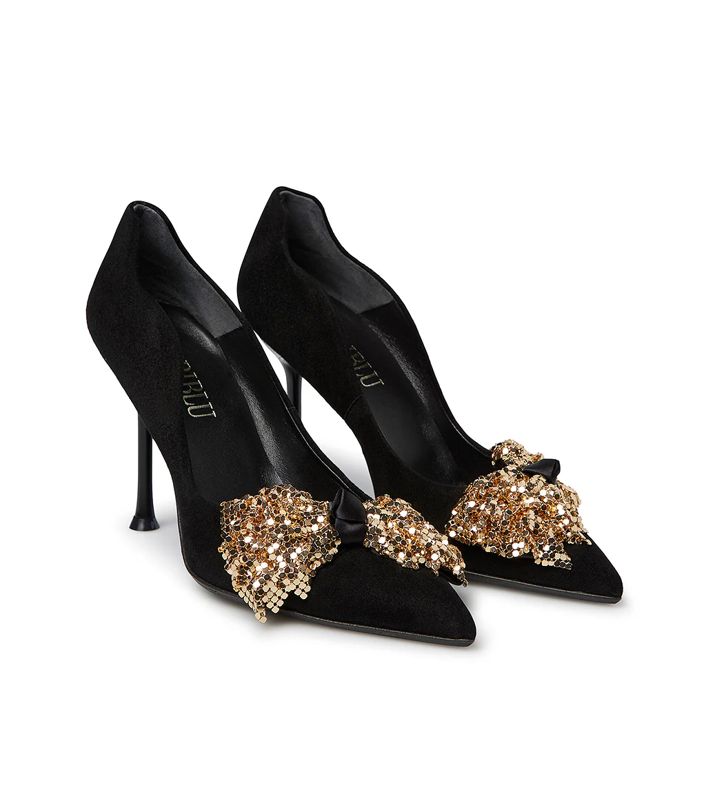 Décolleté onda in camoscio nero con fiocco full metal oro - immagine 3