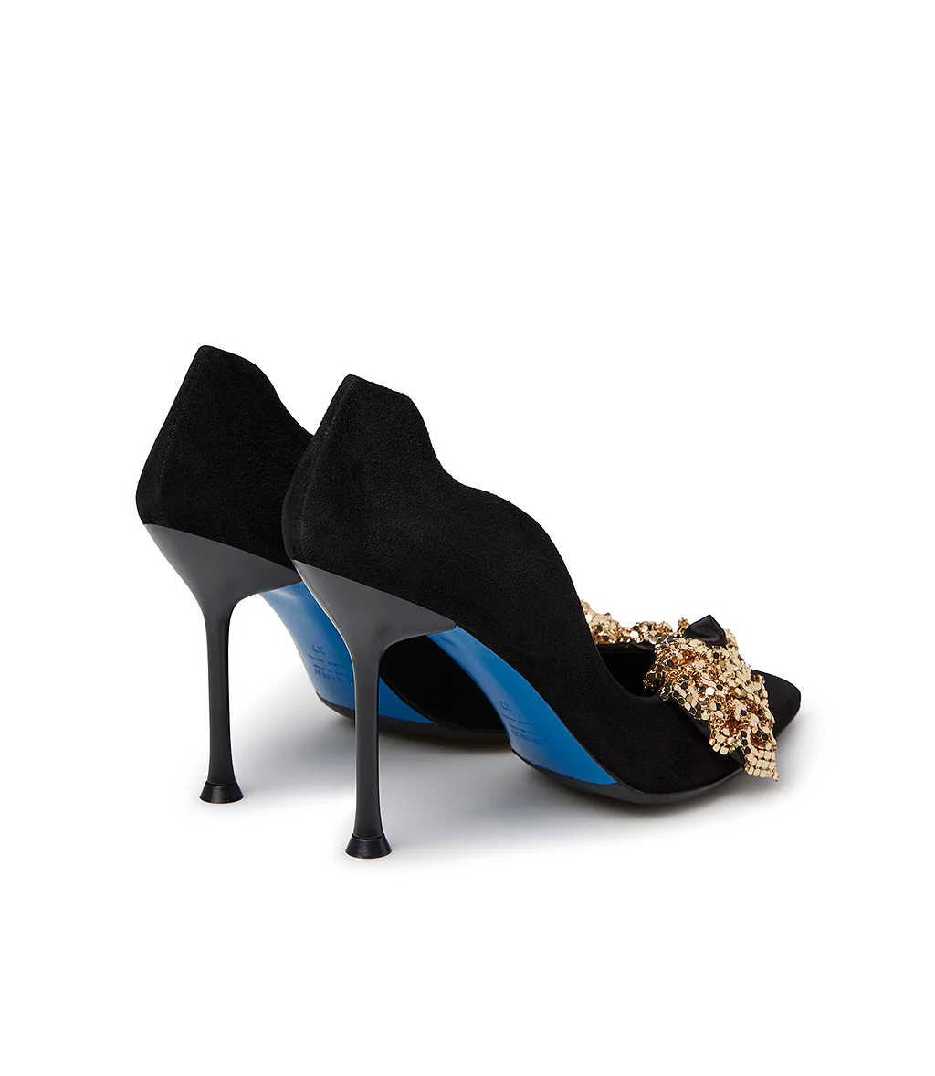 Décolleté onda in camoscio nero con fiocco full metal oro - immagine 4