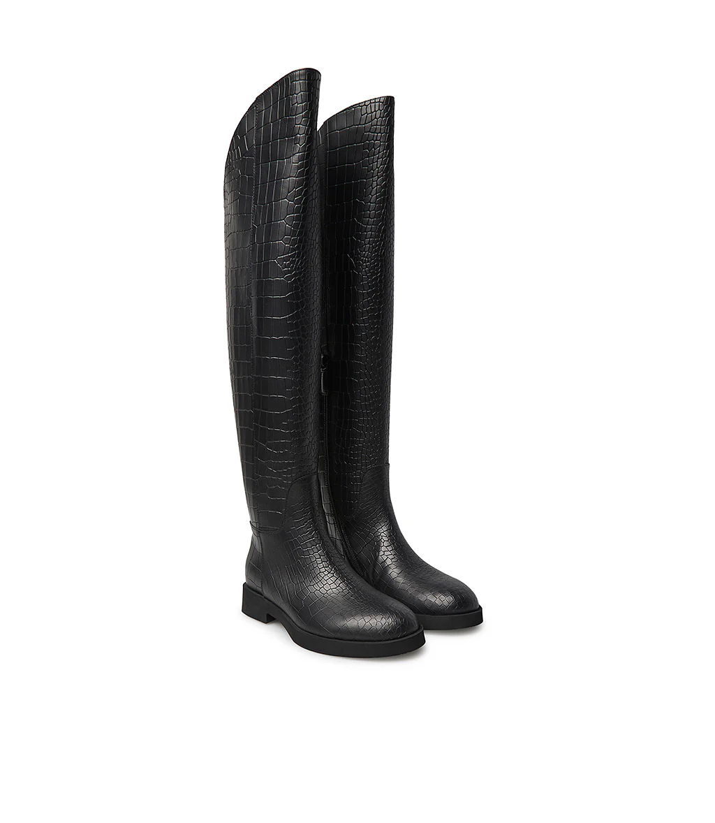 Stivale cuissardes in vitello nero stampa cocco - immagine 3