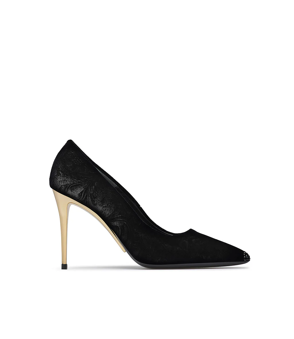 Décolleté in velluto nero con tacco in metallo oro - immagine 2