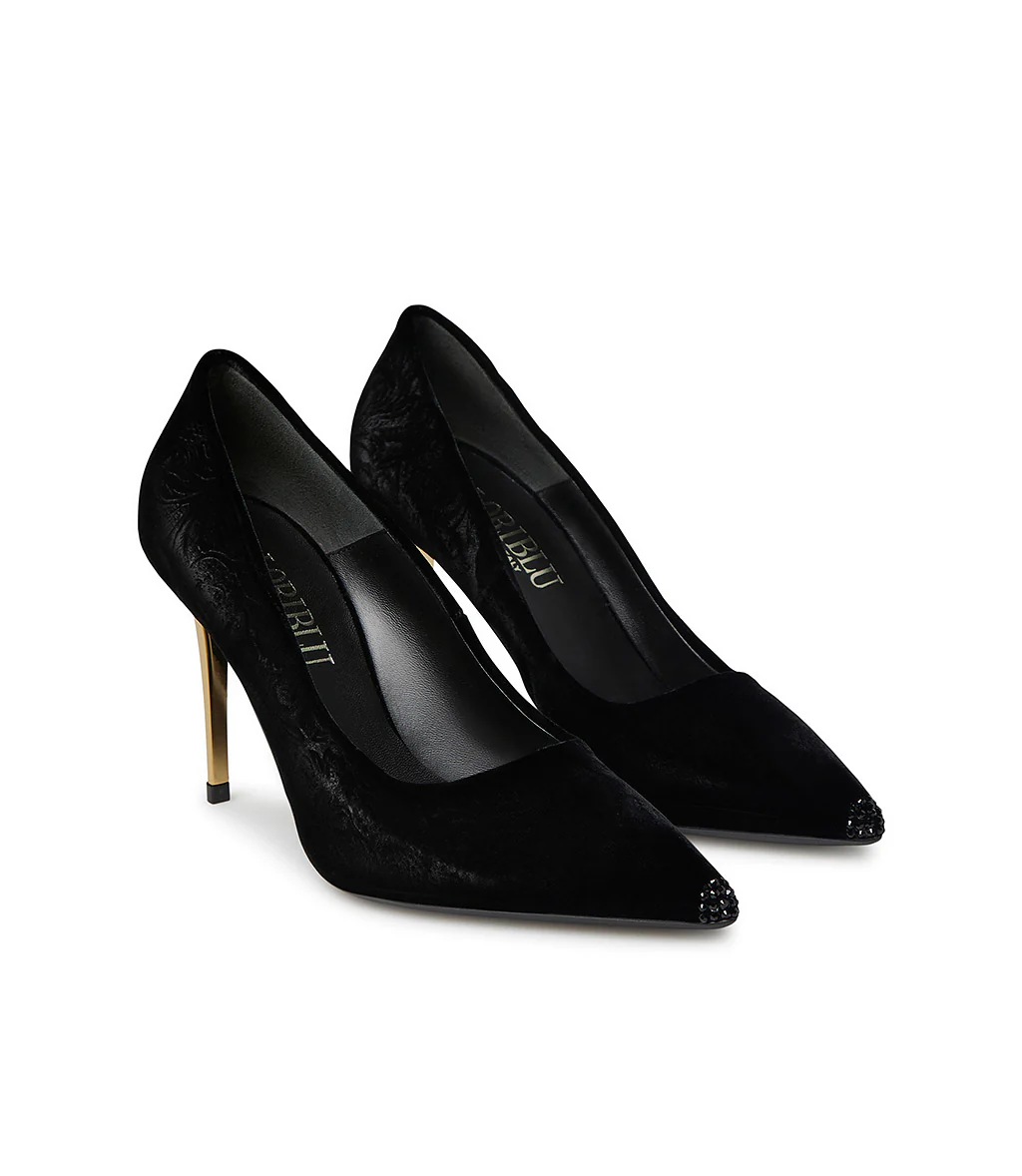 Décolleté in velluto nero con tacco in metallo oro - immagine 3