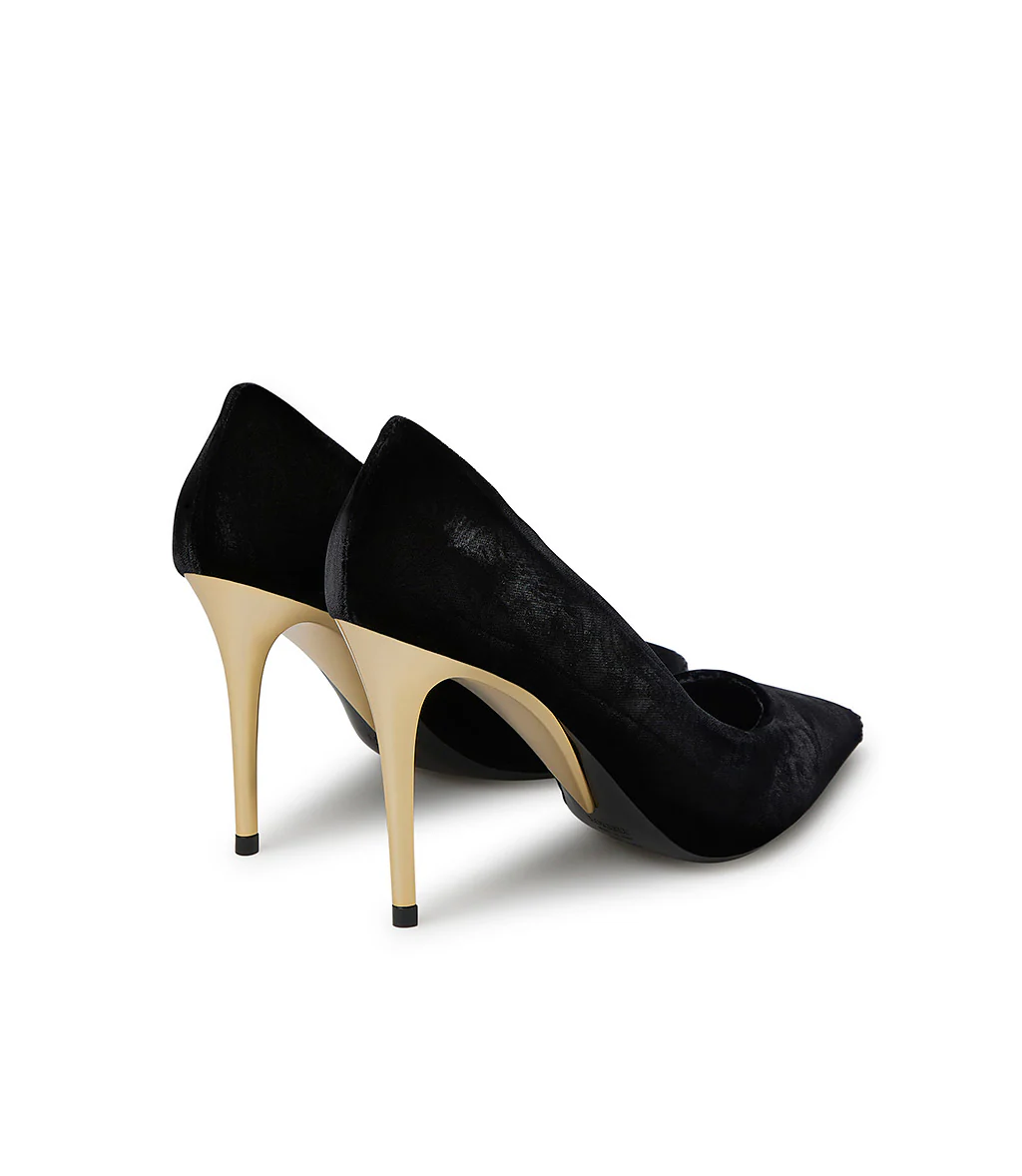 Décolleté in velluto nero con tacco in metallo oro - immagine 4