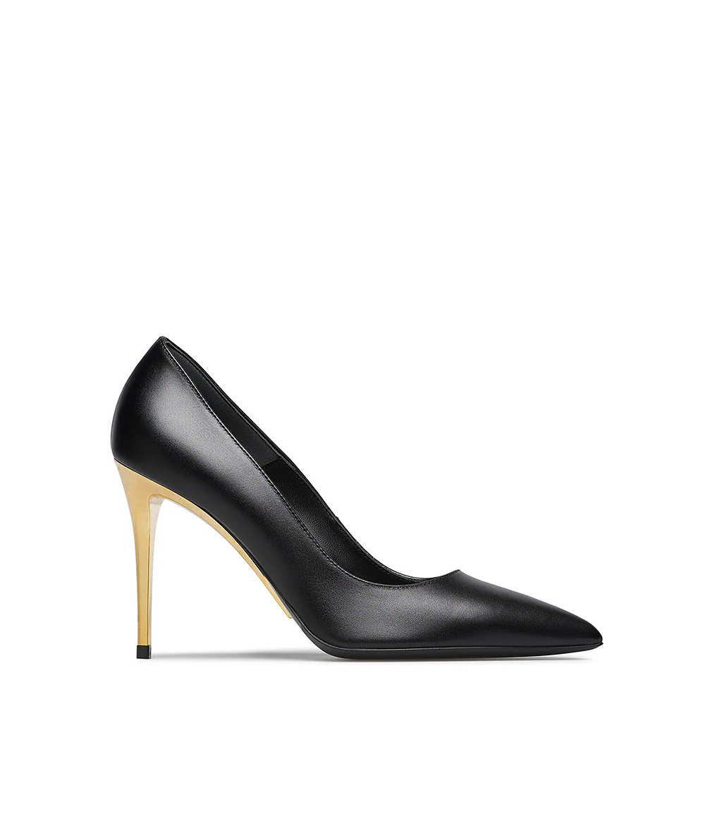 Décolleté in vitello nero con tacco in metallo oro - immagine 2