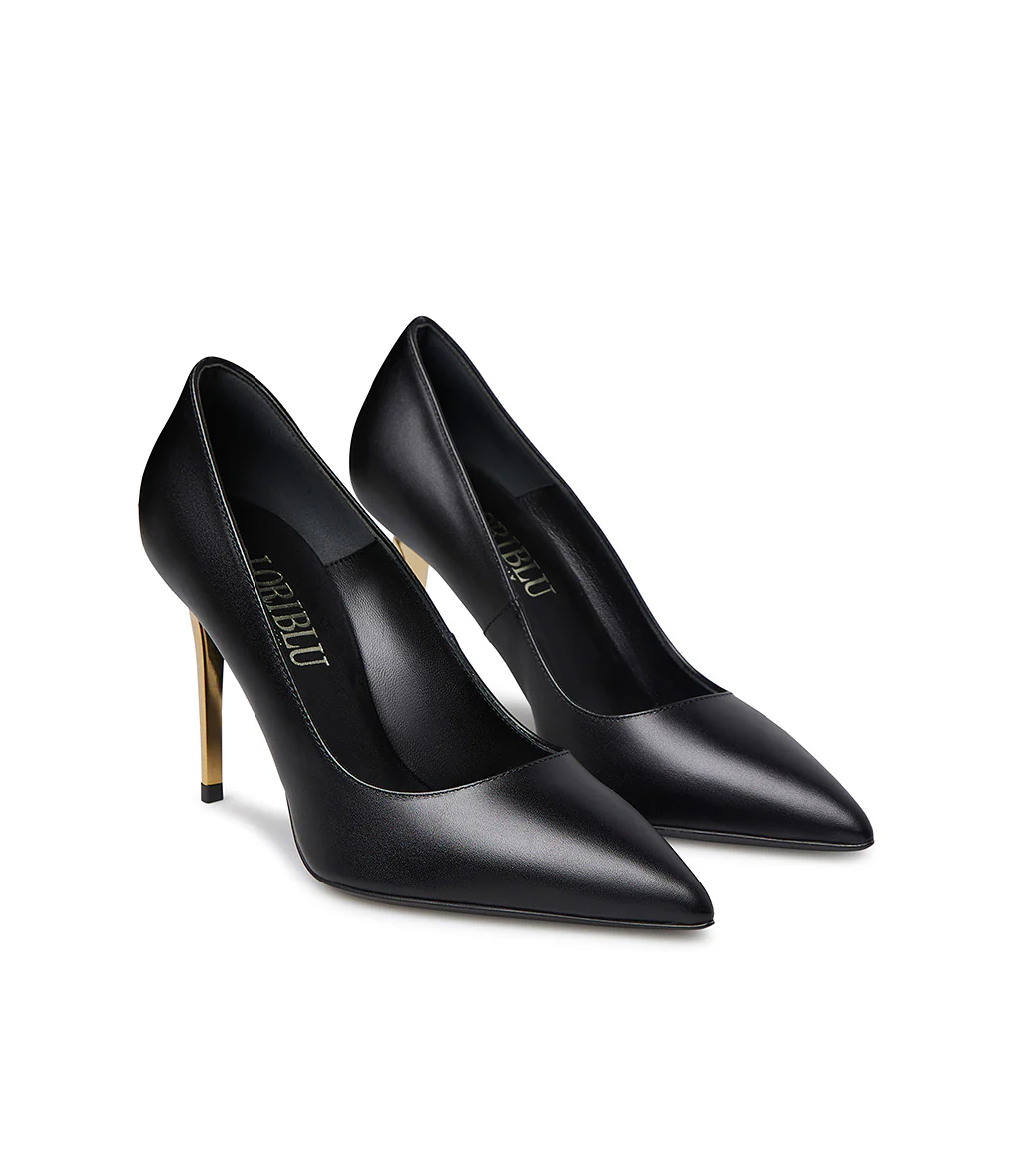 Décolleté in vitello nero con tacco in metallo oro - immagine 3