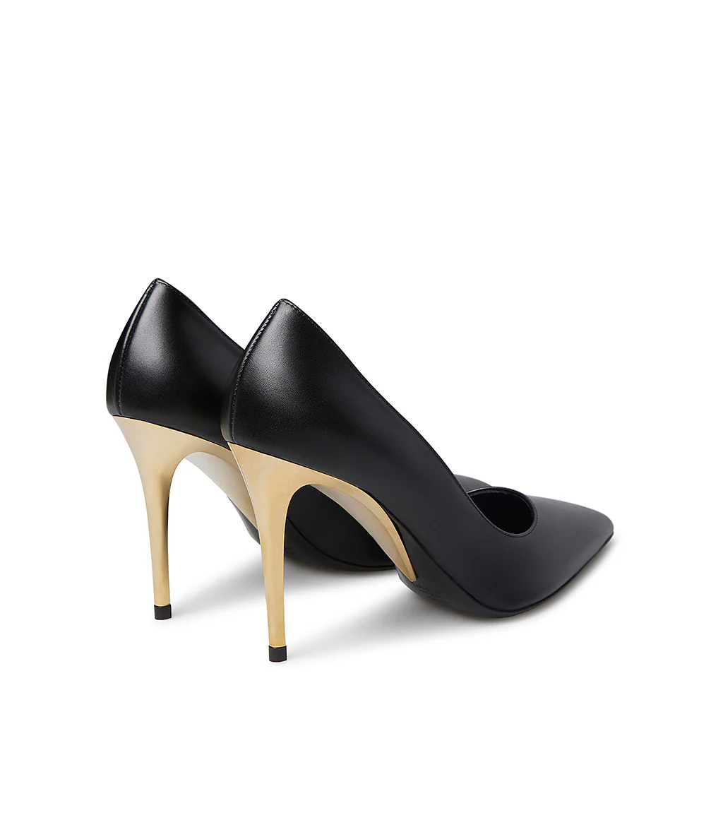 Décolleté in vitello nero con tacco in metallo oro - immagine 4