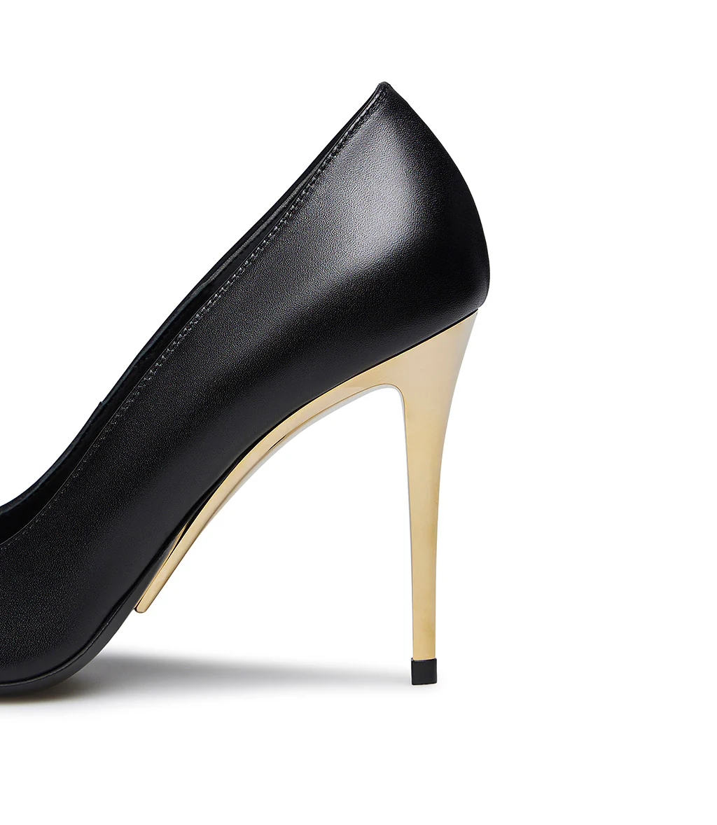 Décolleté in vitello nero con tacco in metallo oro - immagine 5