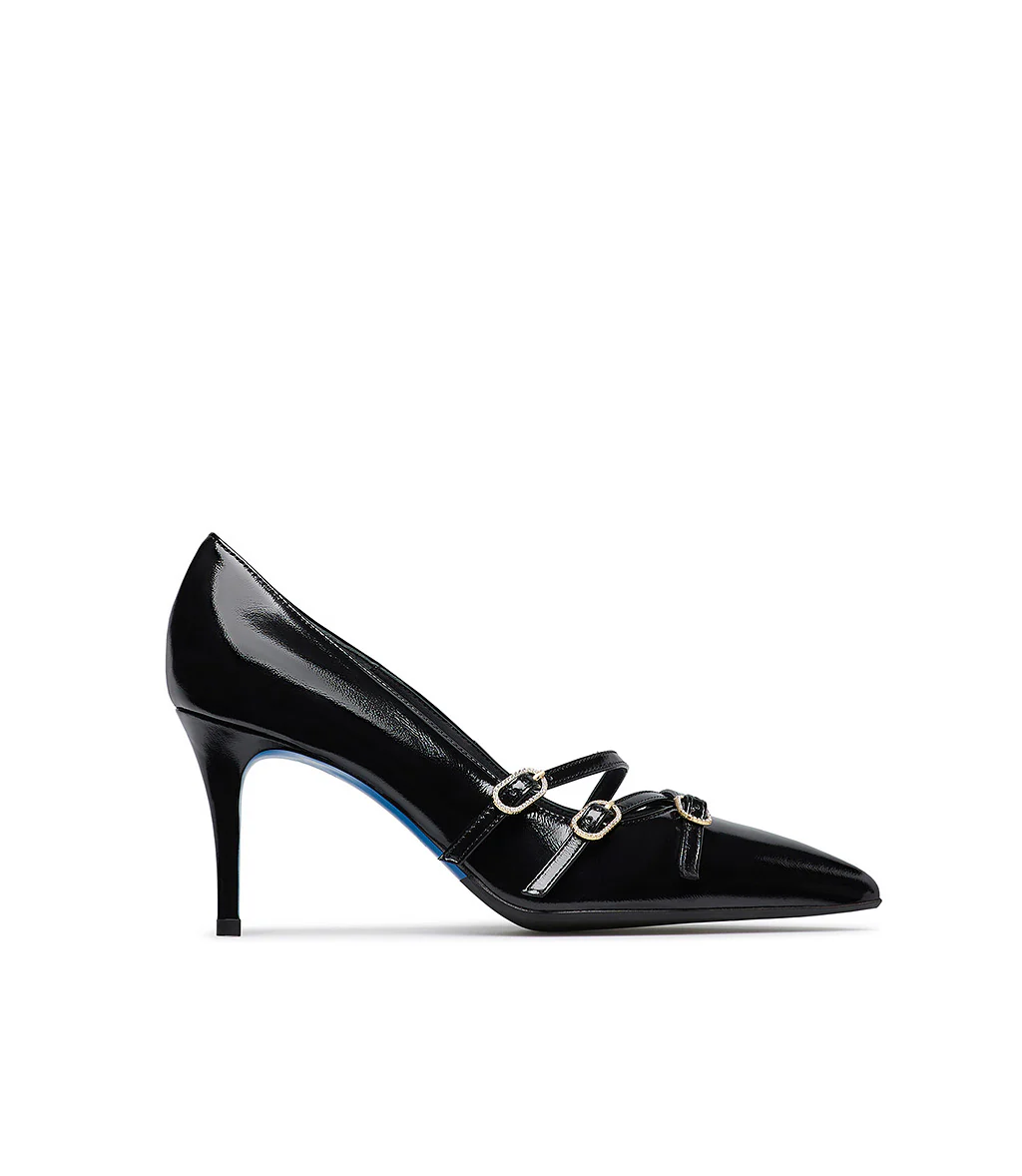 Décolleté in pelle lucida nero con cinturini - immagine 2