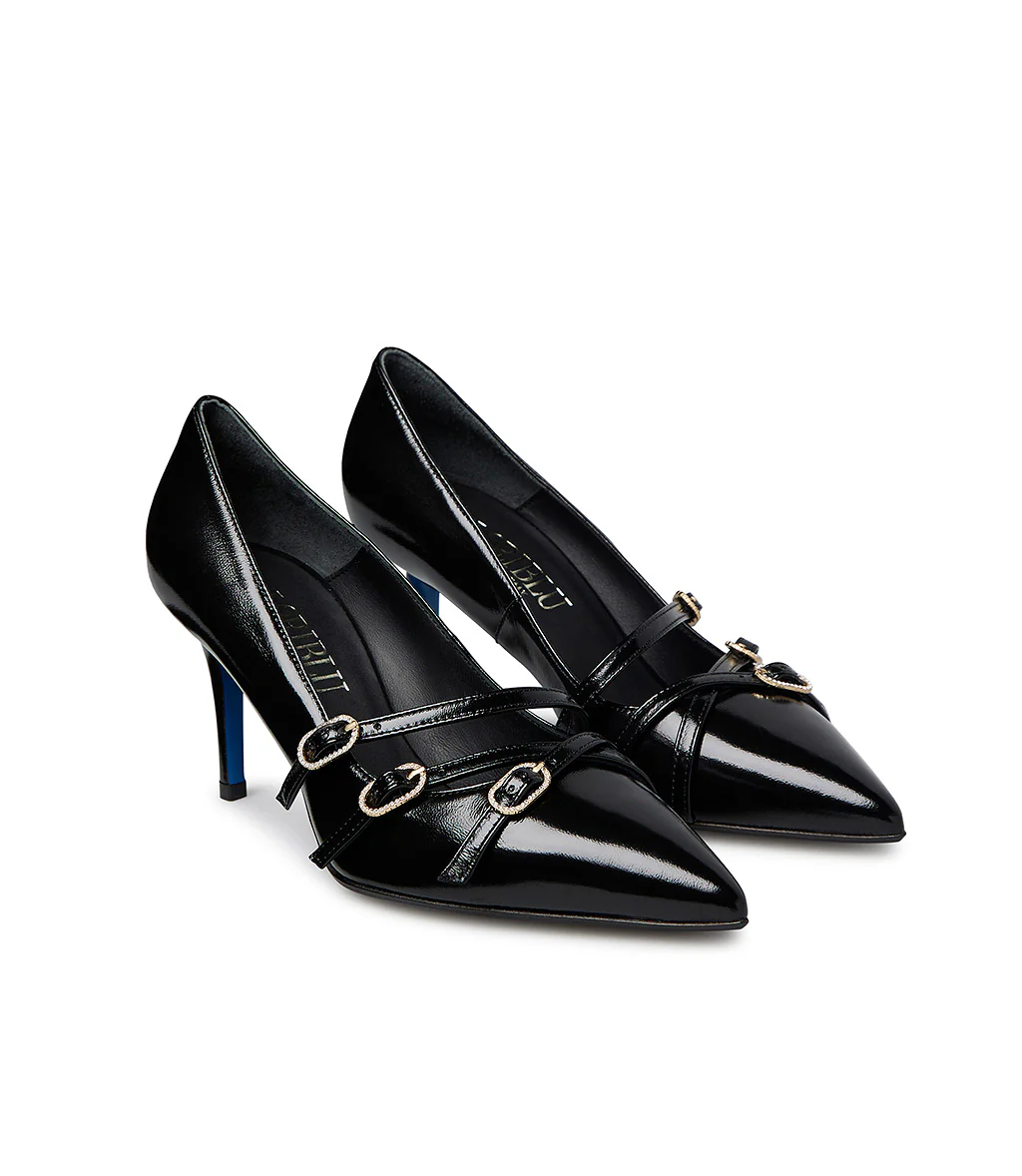 Décolleté in pelle lucida nero con cinturini - immagine 3