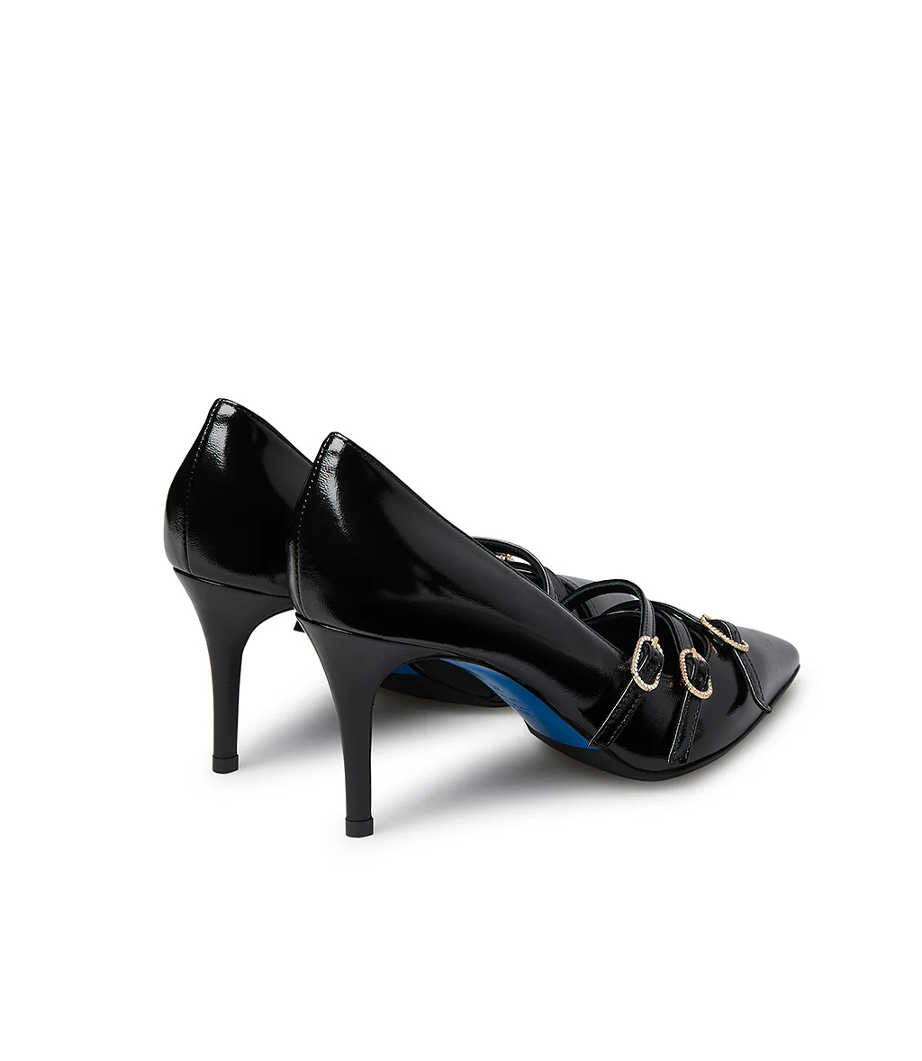 Décolleté in pelle lucida nero con cinturini - immagine 4