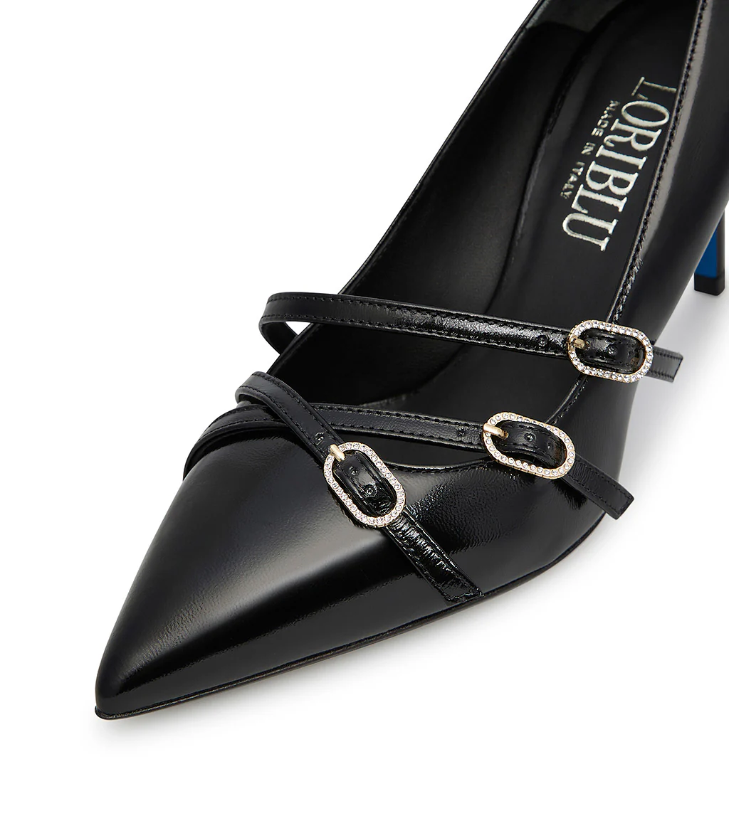 Décolleté in pelle lucida nero con cinturini - immagine 5