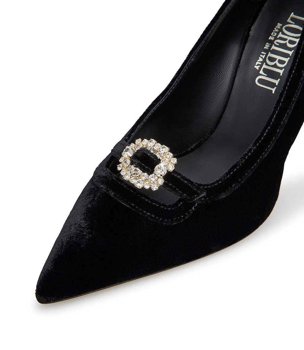 Décolleté in velluto damascato nero con fibbia gioiello - immagine 5