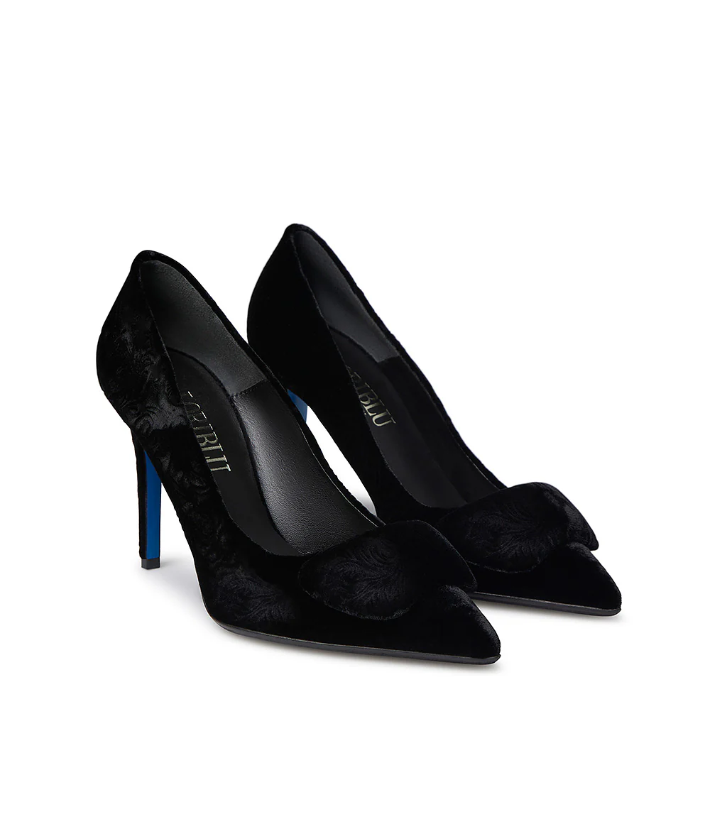 Décolleté in velluto damascato nero con accessorio - immagine 3