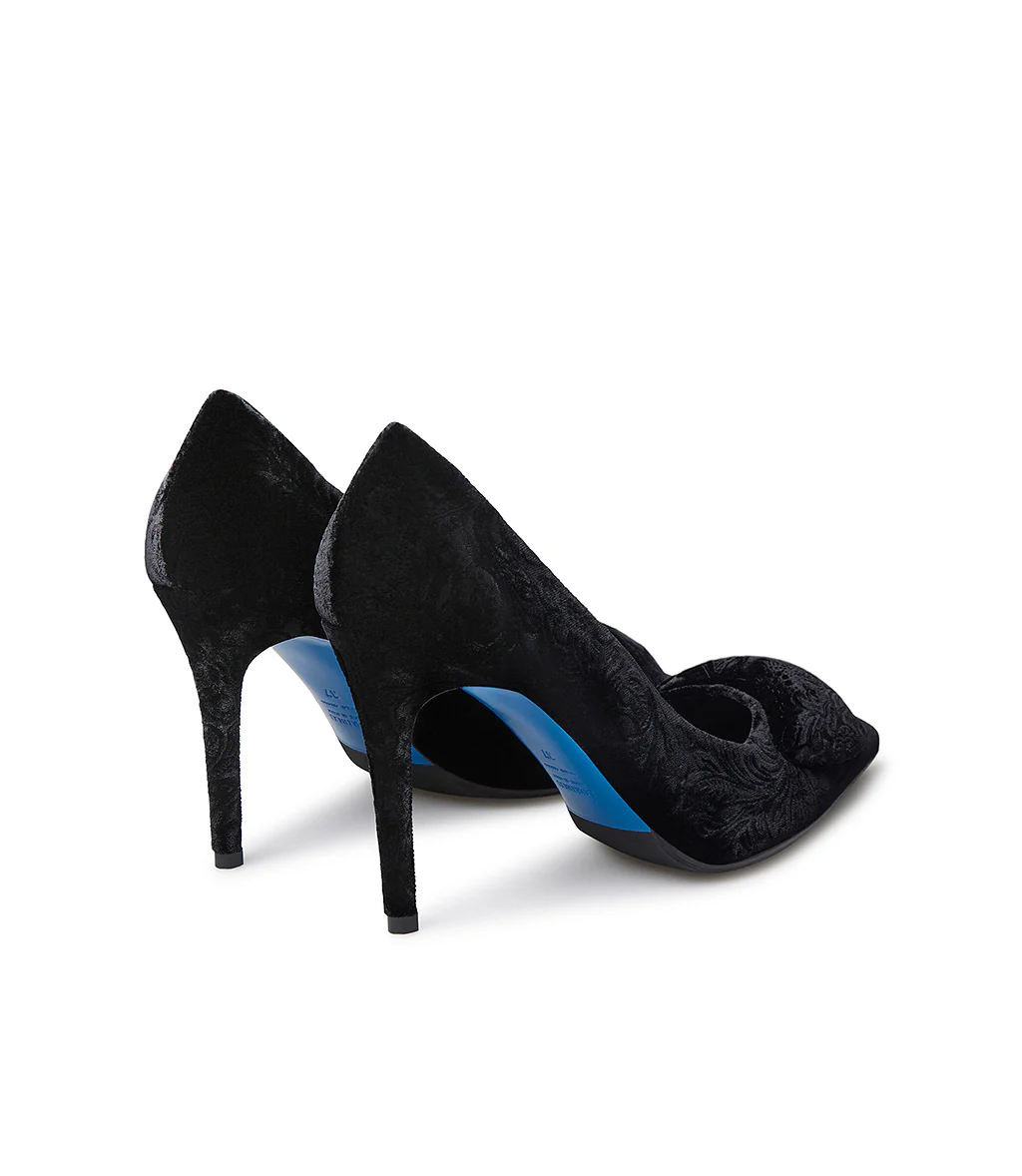 Décolleté in velluto damascato nero con accessorio - immagine 4