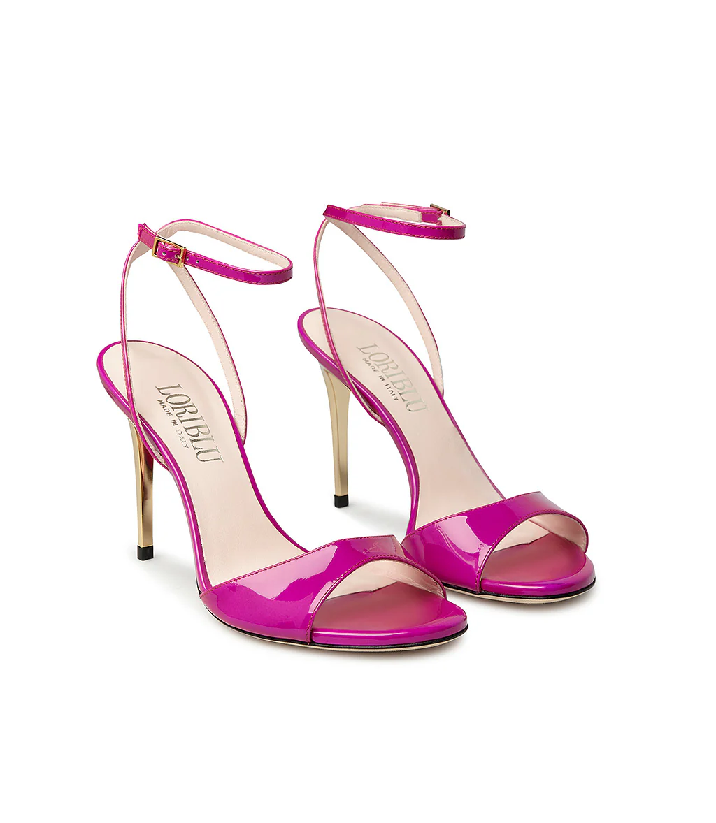 Sandali in vernice fucsia con tacco scultura metallo oro - immagine 3