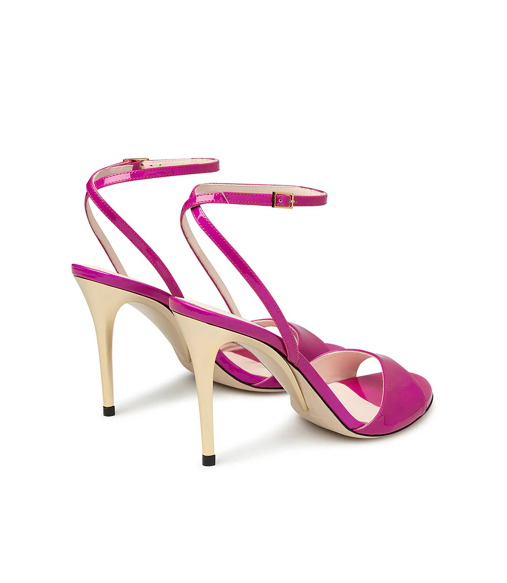 Sandali in vernice fucsia con tacco scultura metallo oro - immagine 4