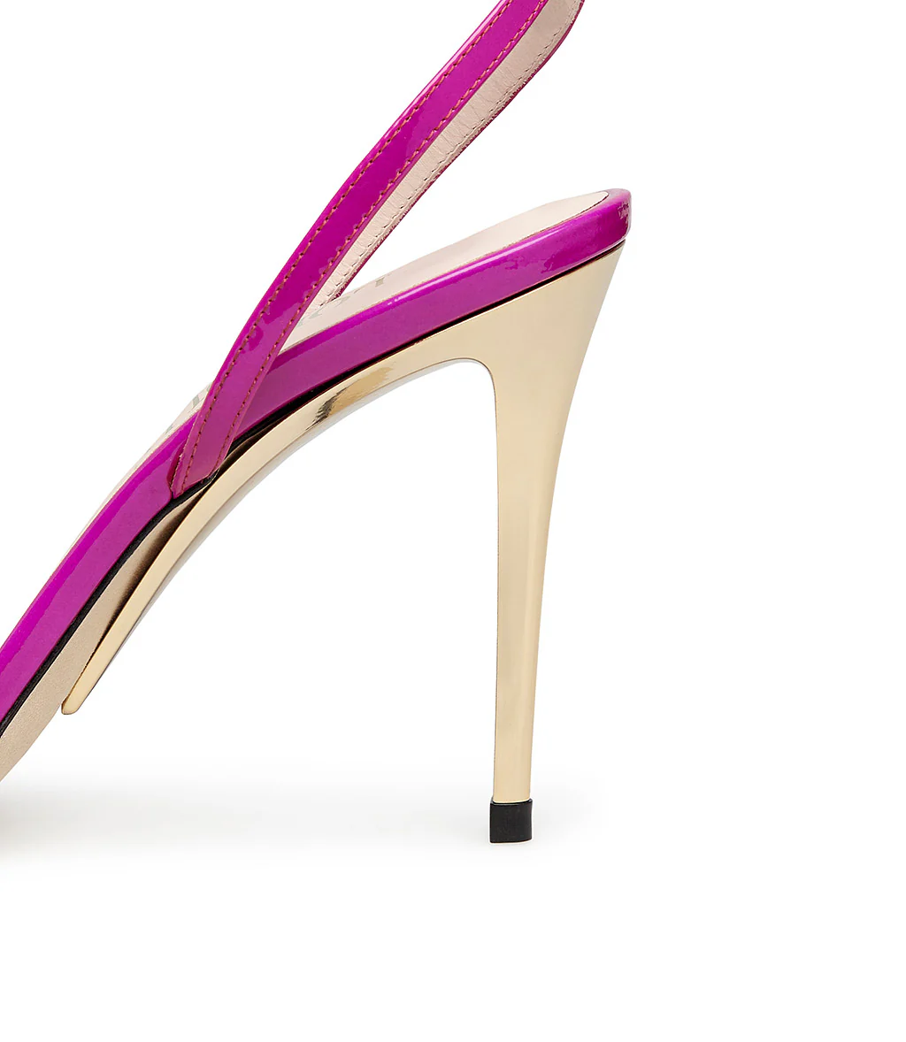 Sandali in vernice fucsia con tacco scultura metallo oro - immagine 5