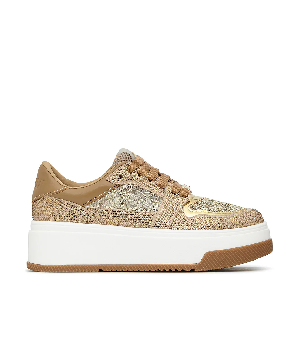 Sneaker in vitello camel e camoscio beige con cristalli - immagine 2