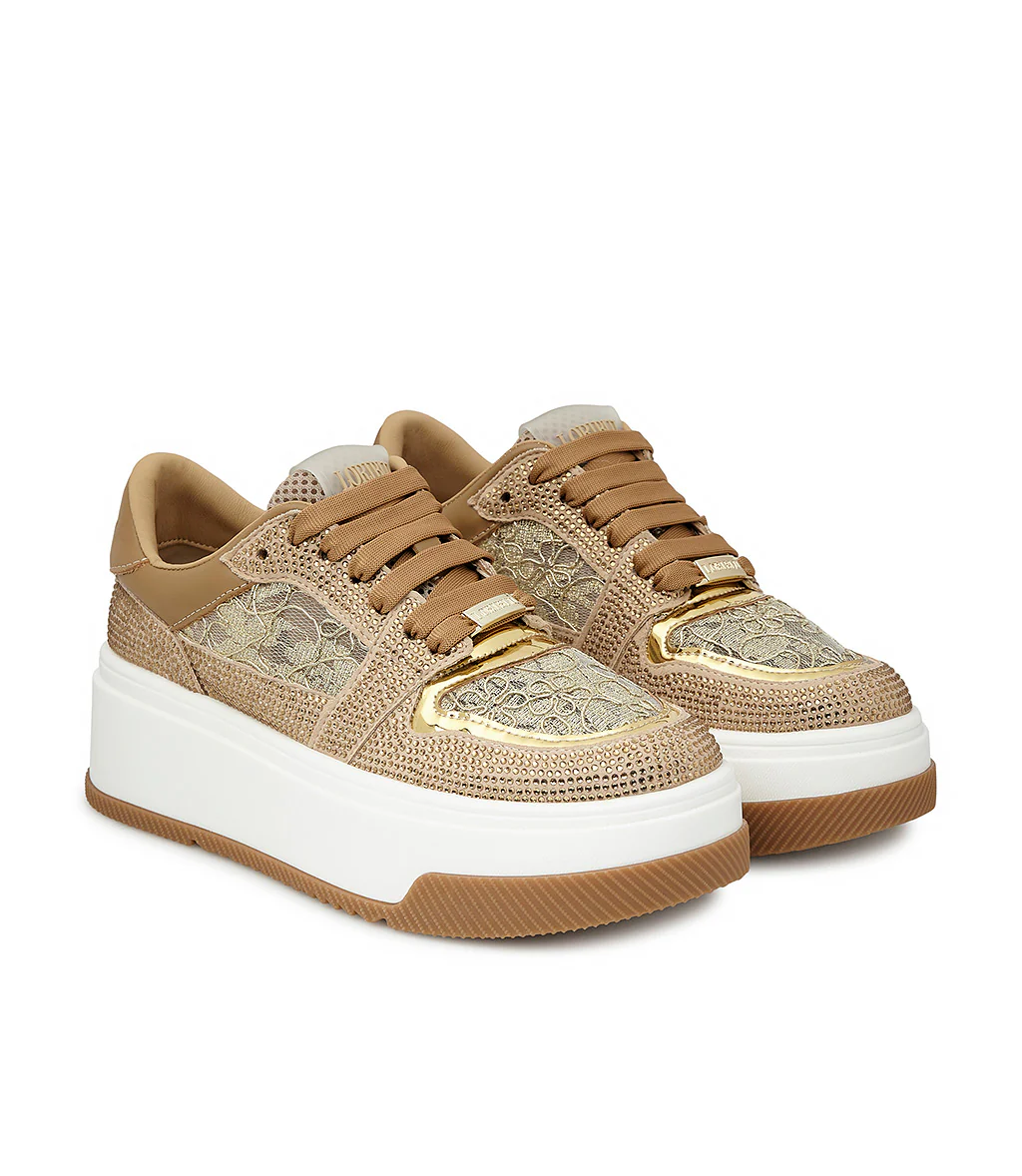 Sneaker in vitello camel e camoscio beige con cristalli - immagine 3