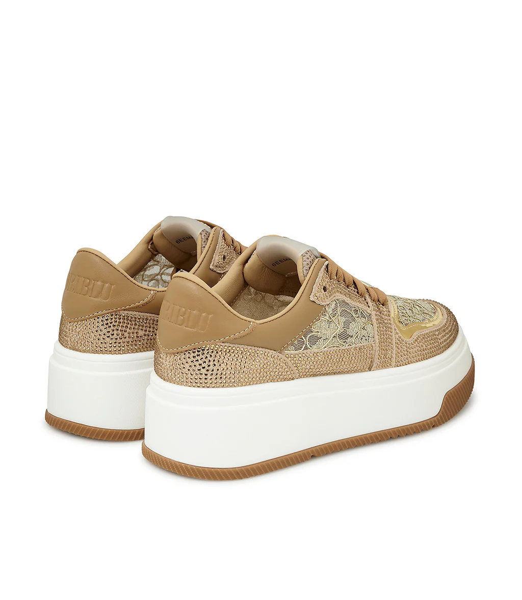 Sneaker in vitello camel e camoscio beige con cristalli - immagine 4