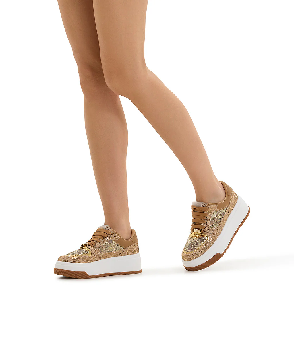 Sneaker in vitello camel e camoscio beige con cristalli - immagine 6