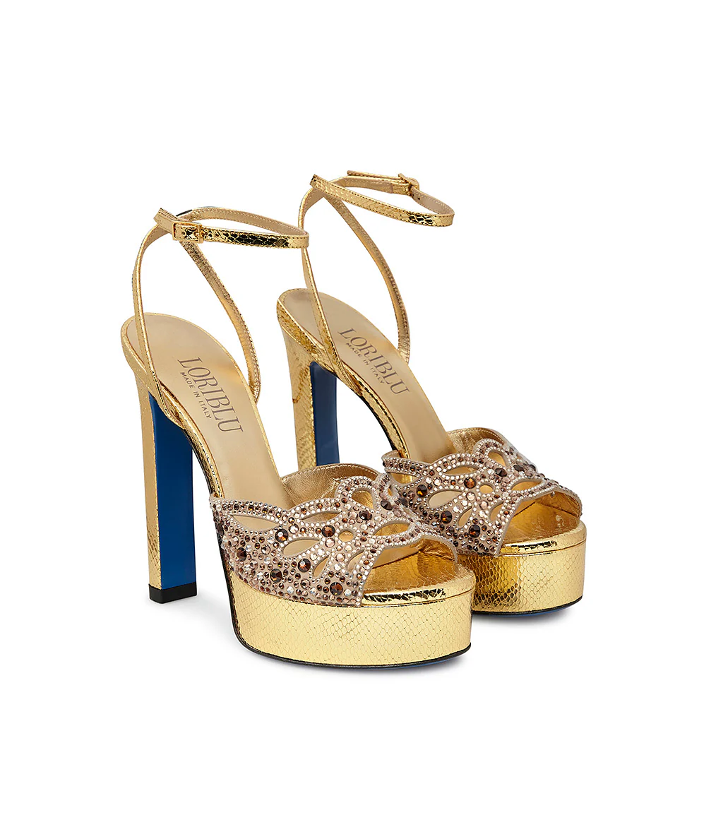 Sandali in pelle oro stampa snake con cristalli - immagine 3