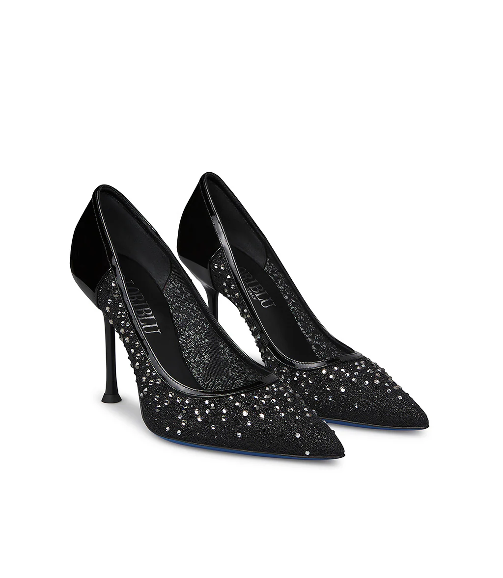 Décolleté in tricot e vernice nero con cristalli - immagine 3