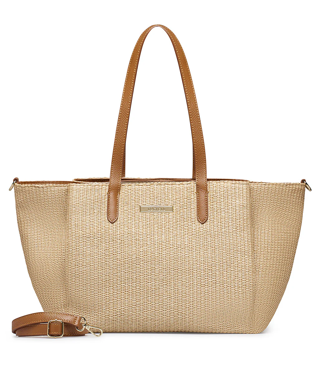 Borsa shopper a spalla in rafia naturale e pelle cuoio - immagine 2