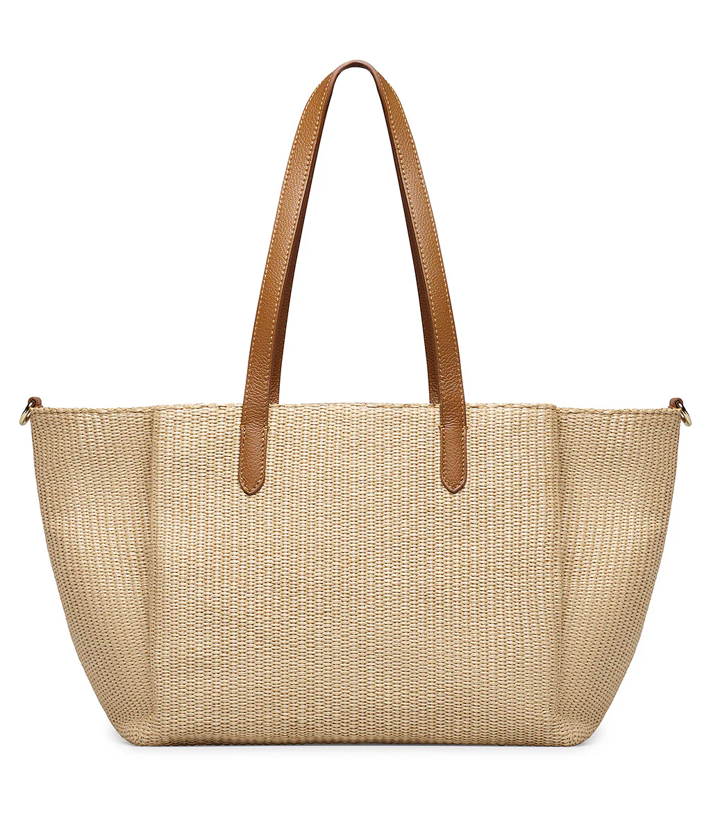 Borsa shopper a spalla in rafia naturale e pelle cuoio - immagine 3