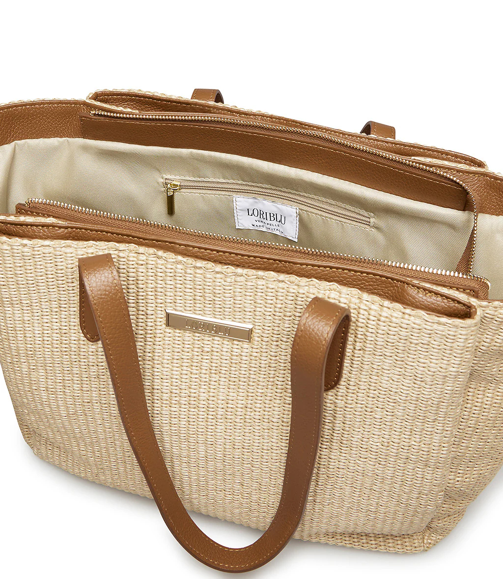 Borsa shopper a spalla in rafia naturale e pelle cuoio - immagine 5