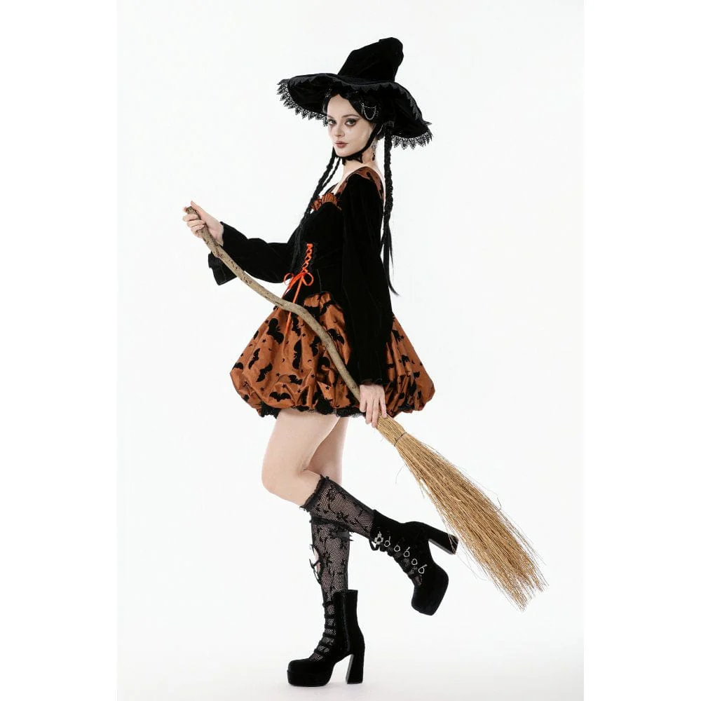 Abito da donna in stile gotico con stampa pipistrello e zucca, allacciato e decorato con lacci - immagine 9