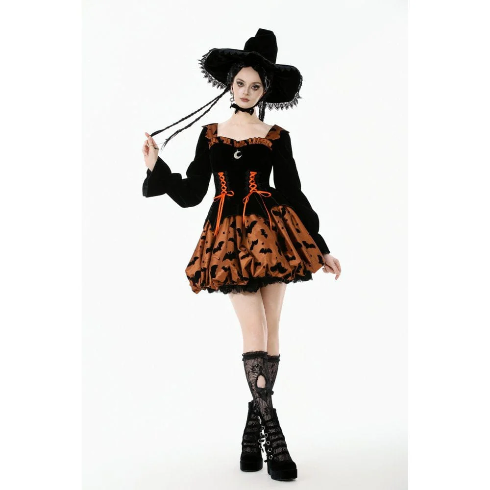 Abito da donna in stile gotico con stampa pipistrello e zucca, allacciato e decorato con lacci - immagine 7