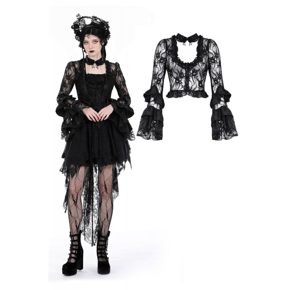 Top in pizzo con lacci e maniche svasate gotiche da donna - immagine 2