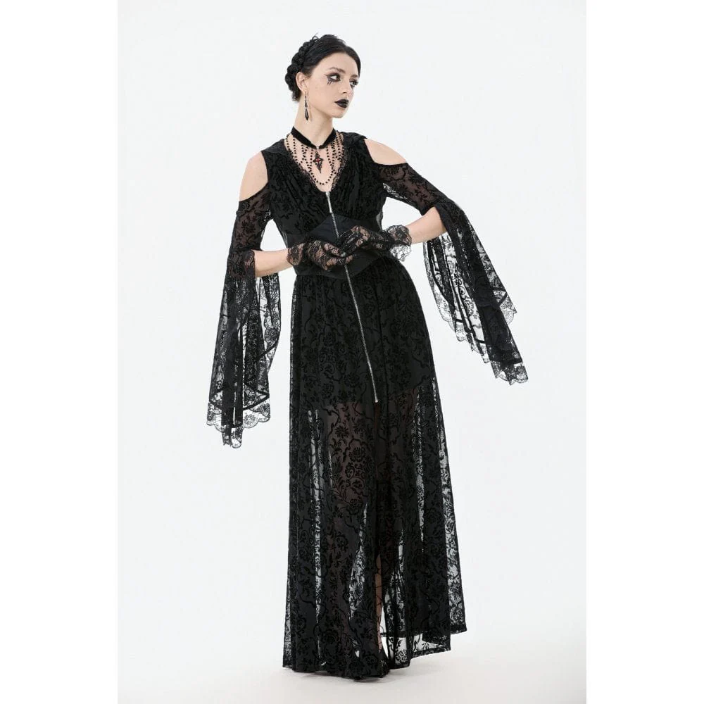 Abito lungo da donna in stile gotico con spalle scoperte, maniche svasate e cappuccio, nero - immagine 5