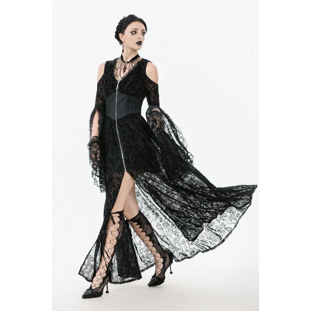 Abito lungo da donna in stile gotico con spalle scoperte, maniche svasate e cappuccio, nero - immagine 8