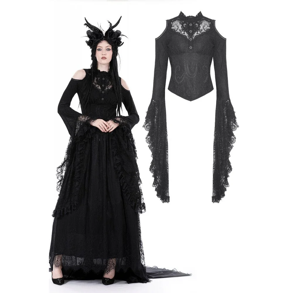 Camicetta da donna con maniche svasate in pizzo gotico con spalle scoperte - immagine 2