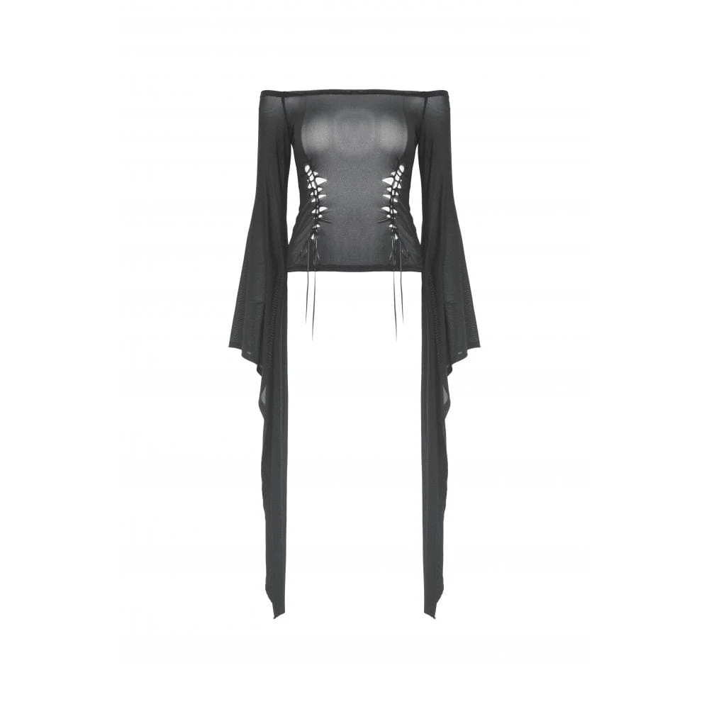 Camicetta da donna in rete con lacci gotica con spalle scoperte - immagine 9