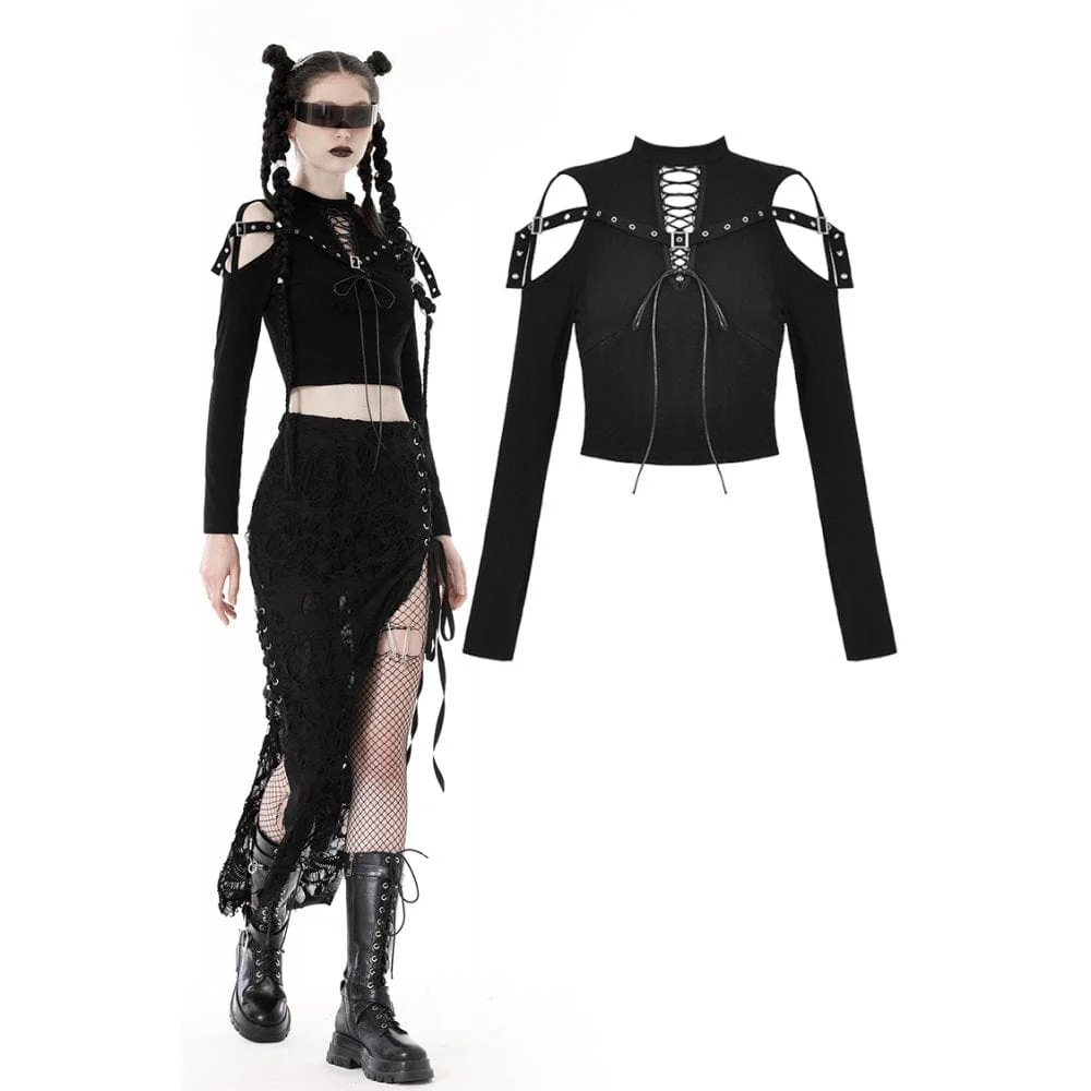 Top da donna punk con spalle scoperte e cinturino con occhielli - immagine 2