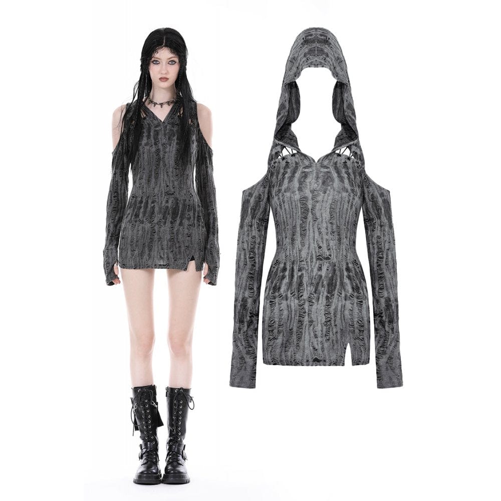 Abito strappato punk da donna con spalle scoperte e cappuccio - immagine 2