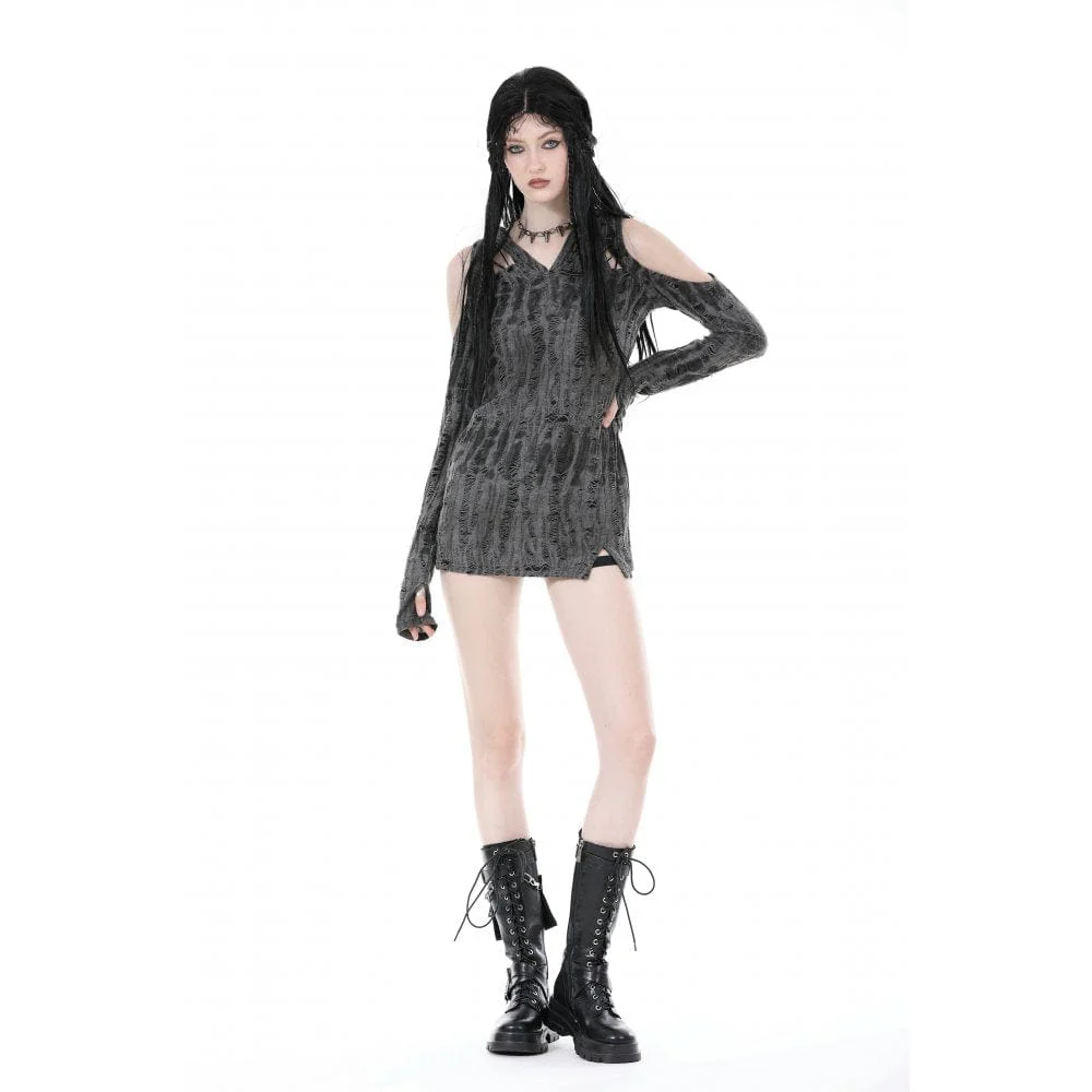 Abito strappato punk da donna con spalle scoperte e cappuccio - immagine 7