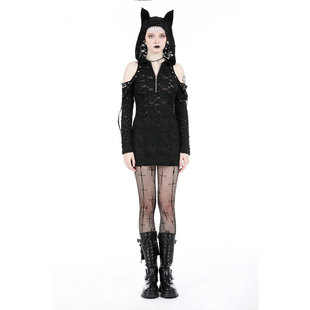 Abito strappato punk da donna con spalle scoperte e cappuccio - immagine 3