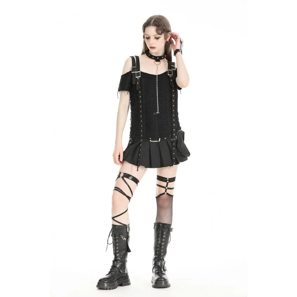 T-shirt strappata punk da donna con spalle scoperte e girocollo staccabile - immagine 3